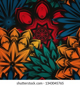 Seamless floral background. The gradient can be off. Tracery handmade nature ethnic fabric backdrop pattern with flowers. Textile design texture. Decorative color art. Vector