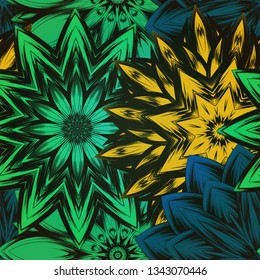 Seamless floral background. The gradient can be off. Tracery handmade nature ethnic fabric backdrop pattern with flowers. Textile design texture. Decorative color art. Vector