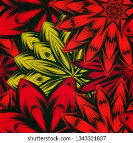 Seamless floral background. The gradient can be off. Tracery handmade nature ethnic fabric backdrop pattern with flowers. Textile design texture. Decorative color art. Vector