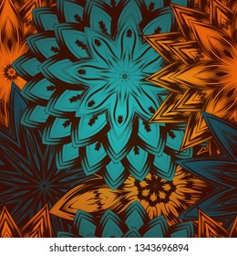 Seamless floral background. The gradient can be off. Tracery handmade nature ethnic fabric backdrop pattern with flowers. Textile design texture. Decorative color art. Vector