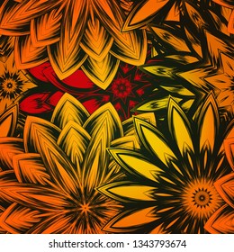 Seamless floral background. The gradient can be off. Tracery handmade nature ethnic fabric backdrop pattern with flowers. Textile design texture. Decorative color art. Vector