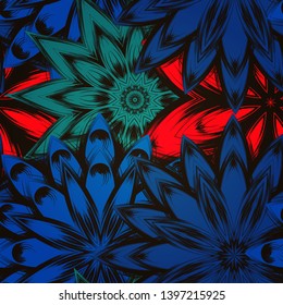 Seamless floral background. The gradient can be off. Tracery handmade nature ethnic fabric backdrop pattern with flowers. Textile design texture. Decorative color art. Vector
