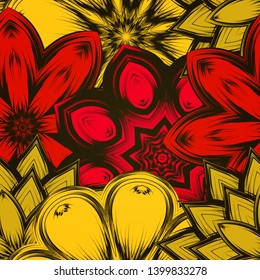 Seamless floral background. The gradient can be off. Tracery handmade nature ethnic fabric backdrop pattern with flowers. Textile design texture. Decorative color art. Vector