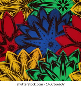 Seamless floral background. The gradient can be off. Tracery handmade nature ethnic fabric backdrop pattern with flowers. Textile design texture. Decorative color art. Vector
