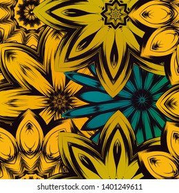 Seamless floral background. The gradient can be off. Tracery handmade nature ethnic fabric backdrop pattern with flowers. Textile design texture. Decorative color art. Vector