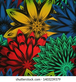 Seamless floral background. The gradient can be off. Tracery handmade nature ethnic fabric backdrop pattern with flowers. Textile design texture. Decorative color art. Vector
