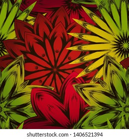 Seamless floral background. The gradient can be off. Tracery handmade nature ethnic fabric backdrop pattern with flowers. Textile design texture. Decorative color art. Vector