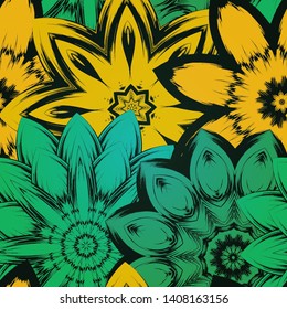 Seamless floral background. The gradient can be off. Tracery handmade nature ethnic fabric backdrop pattern with flowers. Textile design texture. Decorative color art. Vector