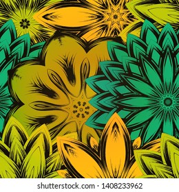 Seamless floral background. The gradient can be off. Tracery handmade nature ethnic fabric backdrop pattern with flowers. Textile design texture. Decorative color art. Vector