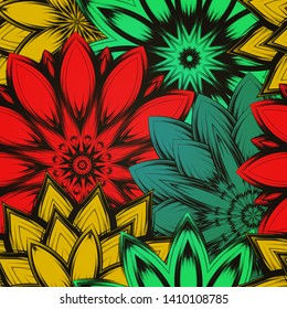 Seamless floral background. The gradient can be off. Tracery handmade nature ethnic fabric backdrop pattern with flowers. Textile design texture. Decorative color art. Vector
