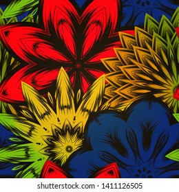 Seamless floral background. The gradient can be off. Tracery handmade nature ethnic fabric backdrop pattern with flowers. Textile design texture. Decorative color art. Vector