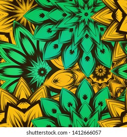 Seamless floral background. The gradient can be off. Tracery handmade nature ethnic fabric backdrop pattern with flowers. Textile design texture. Decorative color art. Vector