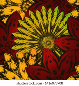 Seamless floral background. The gradient can be off. Tracery handmade nature ethnic fabric backdrop pattern with flowers. Textile design texture. Decorative color art. Vector