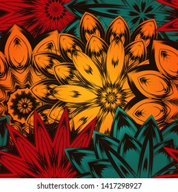 Seamless floral background. The gradient can be off. Tracery handmade nature ethnic fabric backdrop pattern with flowers. Textile design texture. Decorative color art. Vector