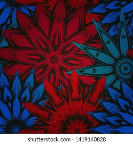 Seamless floral background. The gradient can be off. Tracery handmade nature ethnic fabric backdrop pattern with flowers. Textile design texture. Decorative color art. Vector