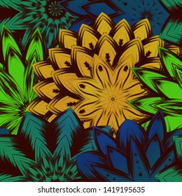 Seamless floral background. The gradient can be off. Tracery handmade nature ethnic fabric backdrop pattern with flowers. Textile design texture. Decorative color art. Vector