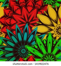 Seamless floral background. The gradient can be off. Tracery handmade nature ethnic fabric backdrop pattern with flowers. Textile design texture. Decorative color art. Vector