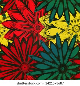 Seamless floral background. The gradient can be off. Tracery handmade nature ethnic fabric backdrop pattern with flowers. Textile design texture. Decorative color art. Vector