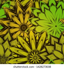 Seamless floral background. The gradient can be off. Tracery handmade nature ethnic fabric backdrop pattern with flowers. Textile design texture. Decorative color art. Vector