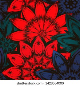 Seamless floral background. The gradient can be off. Tracery handmade nature ethnic fabric backdrop pattern with flowers. Textile design texture. Decorative color art. Vector