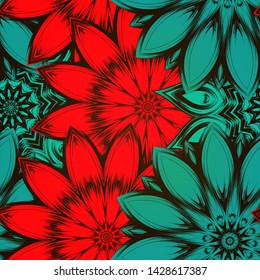 Seamless floral background. The gradient can be off. Tracery handmade nature ethnic fabric backdrop pattern with flowers. Textile design texture. Decorative color art. Vector