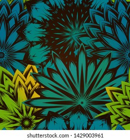 Seamless floral background. The gradient can be off. Tracery handmade nature ethnic fabric backdrop pattern with flowers. Textile design texture. Decorative color art. Vector