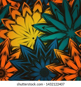 Seamless floral background. The gradient can be off. Tracery handmade nature ethnic fabric backdrop pattern with flowers. Textile design texture. Decorative color art. Vector
