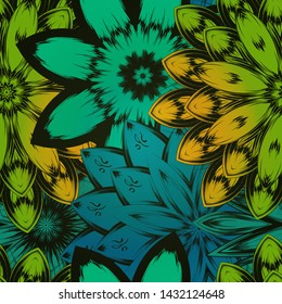 Seamless floral background. The gradient can be off. Tracery handmade nature ethnic fabric backdrop pattern with flowers. Textile design texture. Decorative color art. Vector