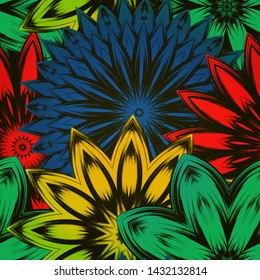 Seamless floral background. The gradient can be off. Tracery handmade nature ethnic fabric backdrop pattern with flowers. Textile design texture. Decorative color art. Vector