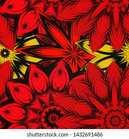Seamless floral background. The gradient can be off. Tracery handmade nature ethnic fabric backdrop pattern with flowers. Textile design texture. Decorative color art. Vector
