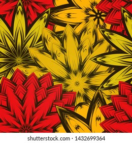 Seamless floral background. The gradient can be off. Tracery handmade nature ethnic fabric backdrop pattern with flowers. Textile design texture. Decorative color art. Vector