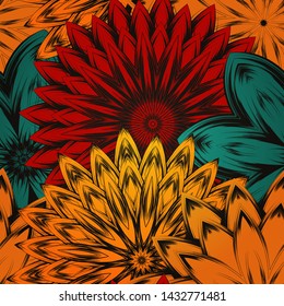 Seamless floral background. The gradient can be off. Tracery handmade nature ethnic fabric backdrop pattern with flowers. Textile design texture. Decorative color art. Vector