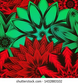 Seamless floral background. The gradient can be off. Tracery handmade nature ethnic fabric backdrop pattern with flowers. Textile design texture. Decorative color art. Vector