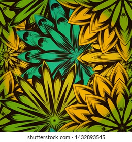 Seamless floral background. The gradient can be off. Tracery handmade nature ethnic fabric backdrop pattern with flowers. Textile design texture. Decorative color art. Vector