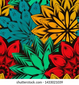 Seamless floral background. The gradient can be off. Tracery handmade nature ethnic fabric backdrop pattern with flowers. Textile design texture. Decorative color art. Vector