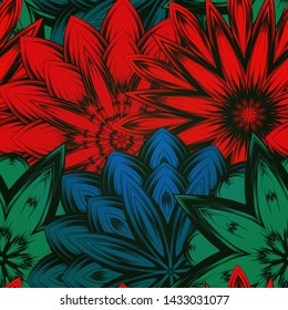 Seamless floral background. The gradient can be off. Tracery handmade nature ethnic fabric backdrop pattern with flowers. Textile design texture. Decorative color art. Vector