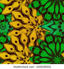 Seamless floral background. The gradient can be off. Tracery handmade nature ethnic fabric backdrop pattern with flowers. Textile design texture. Decorative color art. Vector