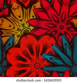 Seamless floral background. The gradient can be off. Tracery handmade nature ethnic fabric backdrop pattern with flowers. Textile design texture. Decorative color art. Vector