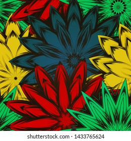 Seamless floral background. The gradient can be off. Tracery handmade nature ethnic fabric backdrop pattern with flowers. Textile design texture. Decorative color art. Vector