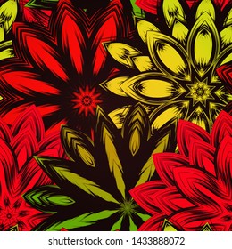 Seamless floral background. The gradient can be off. Tracery handmade nature ethnic fabric backdrop pattern with flowers. Textile design texture. Decorative color art. Vector