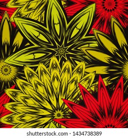 Seamless floral background. The gradient can be off. Tracery handmade nature ethnic fabric backdrop pattern with flowers. Textile design texture. Decorative color art. Vector
