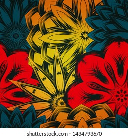 Seamless floral background. The gradient can be off. Tracery handmade nature ethnic fabric backdrop pattern with flowers. Textile design texture. Decorative color art. Vector