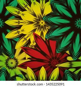 Seamless floral background. The gradient can be off. Tracery handmade nature ethnic fabric backdrop pattern with flowers. Textile design texture. Decorative color art. Vector
