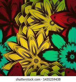 Seamless floral background. The gradient can be off. Tracery handmade nature ethnic fabric backdrop pattern with flowers. Textile design texture. Decorative color art. Vector