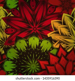 Seamless floral background. The gradient can be off. Tracery handmade nature ethnic fabric backdrop pattern with flowers. Textile design texture. Decorative color art. Vector