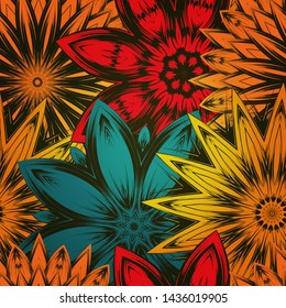 Seamless floral background. The gradient can be off. Tracery handmade nature ethnic fabric backdrop pattern with flowers. Textile design texture. Decorative color art. Vector