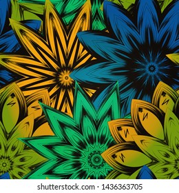 Seamless floral background. The gradient can be off. Tracery handmade nature ethnic fabric backdrop pattern with flowers. Textile design texture. Decorative color art. Vector