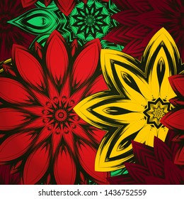 Seamless floral background. The gradient can be off. Tracery handmade nature ethnic fabric backdrop pattern with flowers. Textile design texture. Decorative color art. Vector