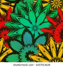 Seamless floral background. The gradient can be off. Tracery handmade nature ethnic fabric backdrop pattern with flowers. Textile design texture. Decorative color art. Vector