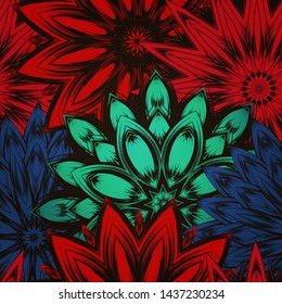 Seamless floral background. The gradient can be off. Tracery handmade nature ethnic fabric backdrop pattern with flowers. Textile design texture. Decorative color art. Vector